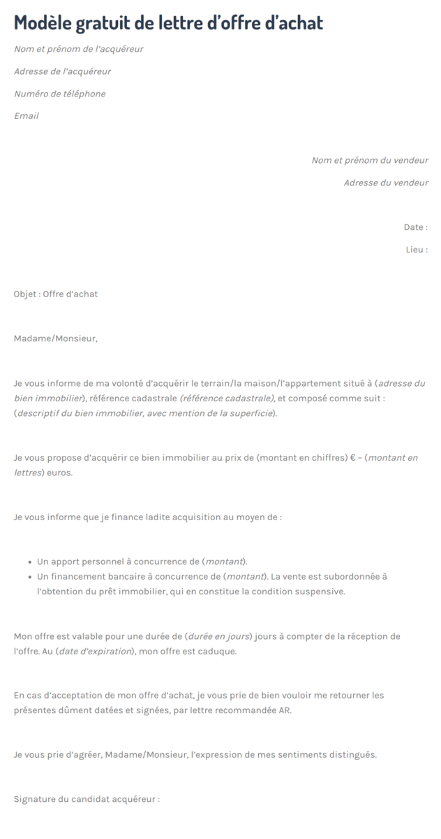 exemple d'offre achat immobilier