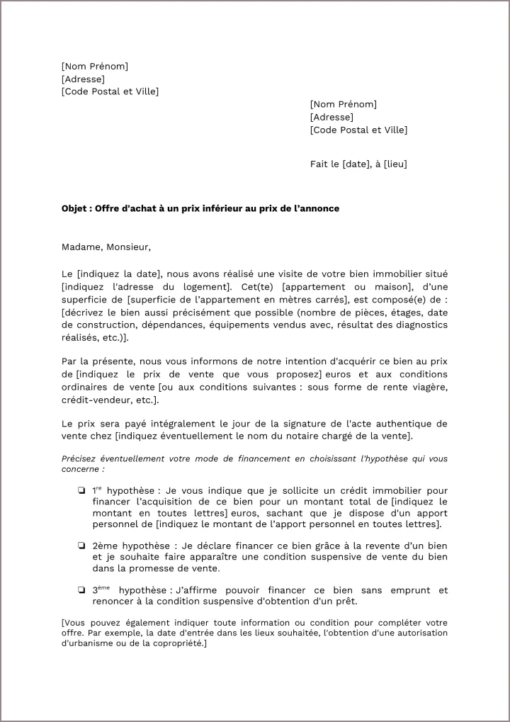 modèle offre achat immobilier